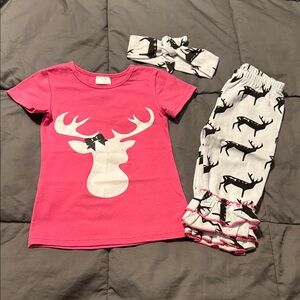 Pink Deer Print Toddler out with with headband